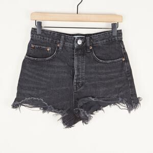 Zara Frayed High Denim Button Fly Black Distressed Shorts Womens Sz 4